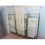 [Lot] Plastic  tubs, assorted, on (3) mobile racks LIFT OUT CHARGE  £50