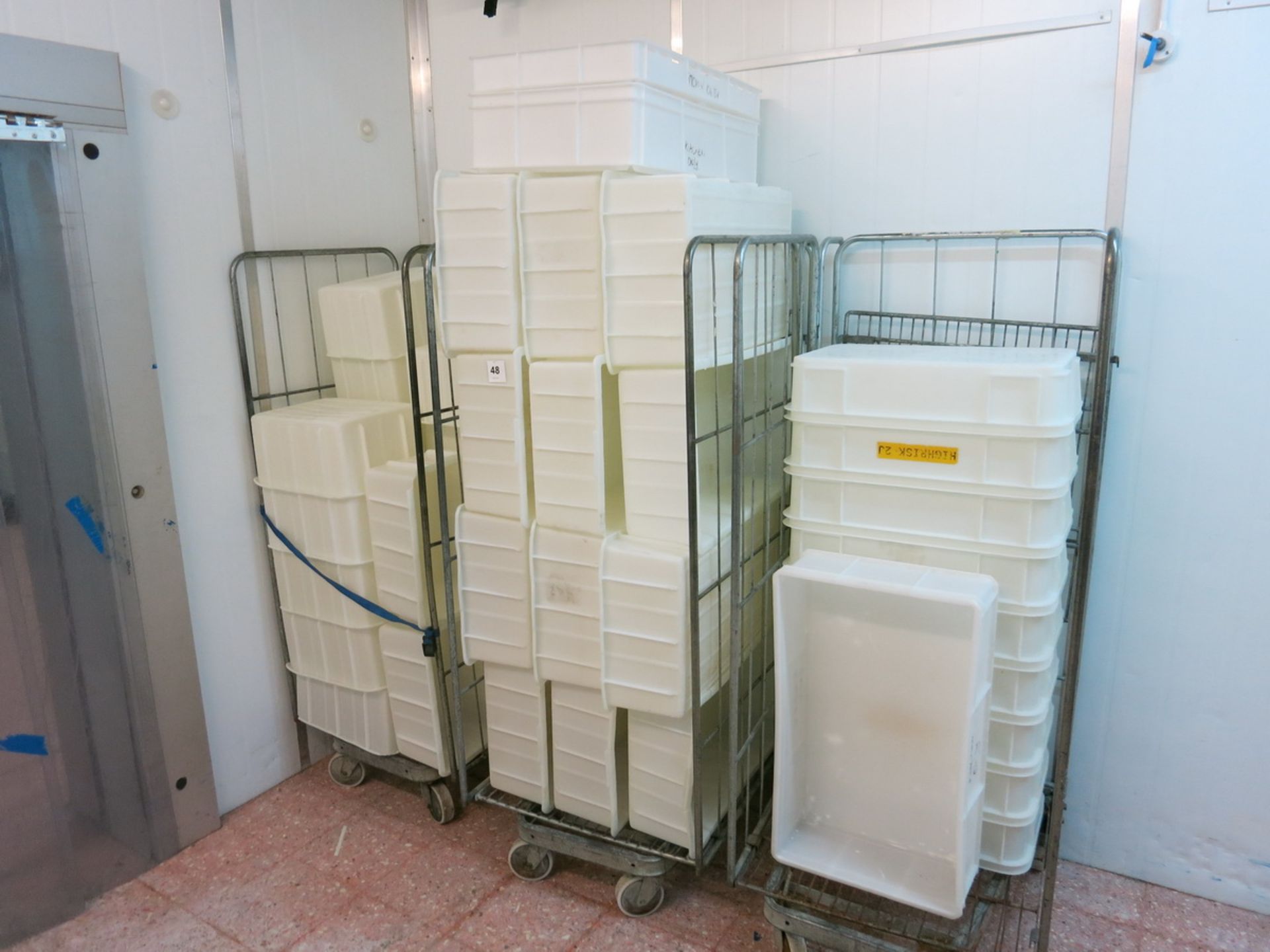 [Lot] Plastic  tubs, assorted, on (3) mobile racks LIFT OUT CHARGE  £50