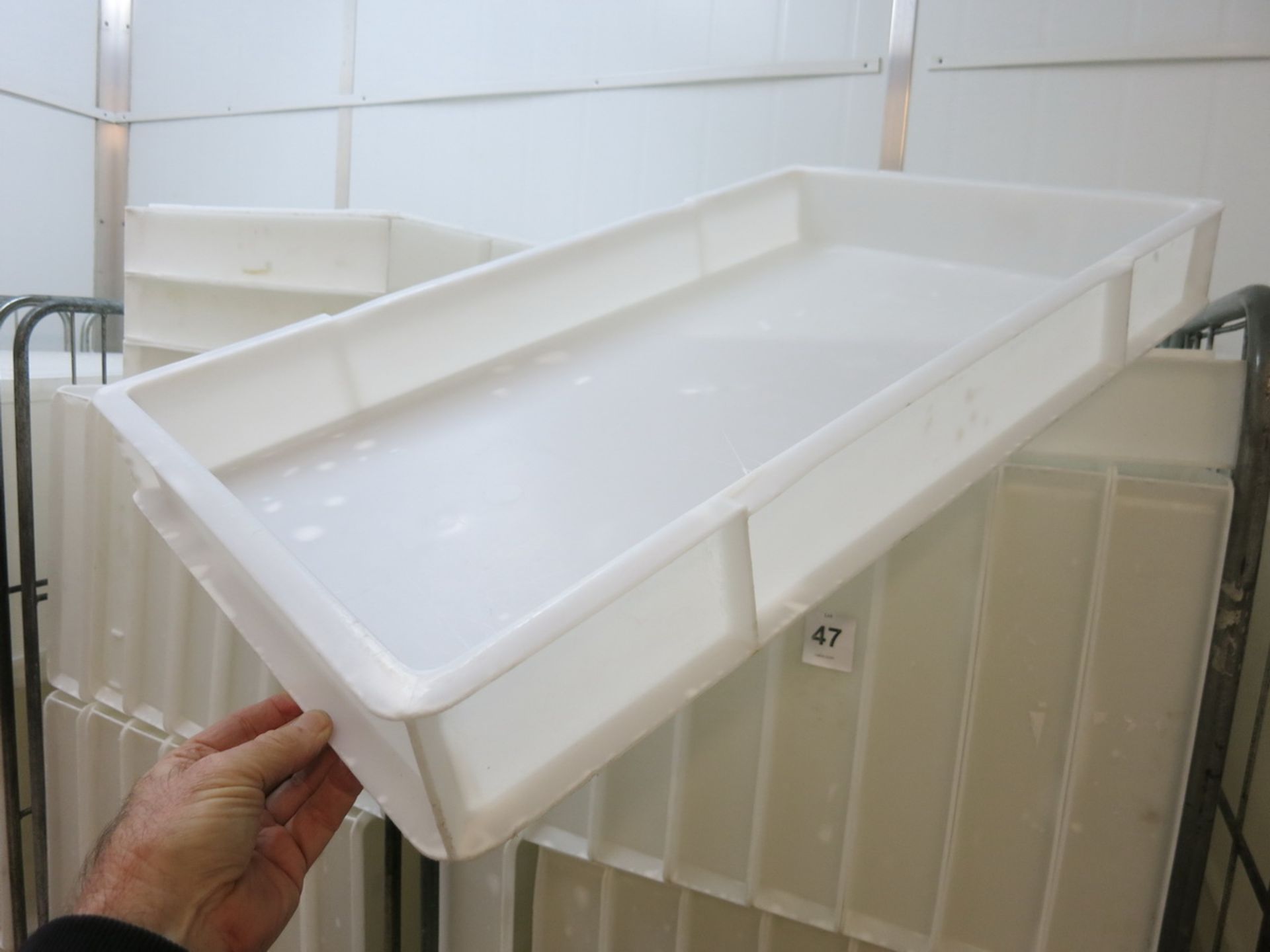Plastic  trays approx (145), 700mmx400mmx80mm deep with (7) mobile racks LIFT OUT CHARGE £100 - Image 2 of 2