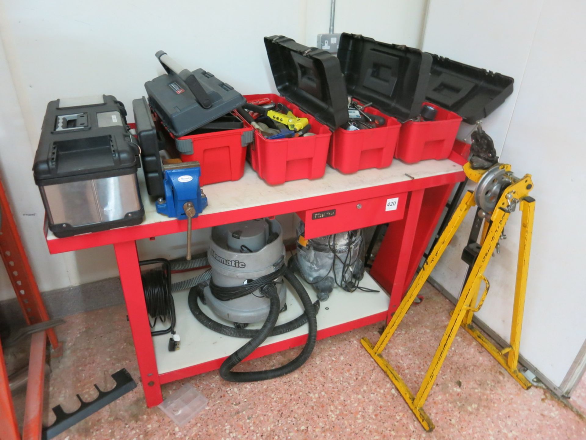 Work bench, with loaded tool boxes, crawler, conduit bender LIFT OUT CHARGE £10