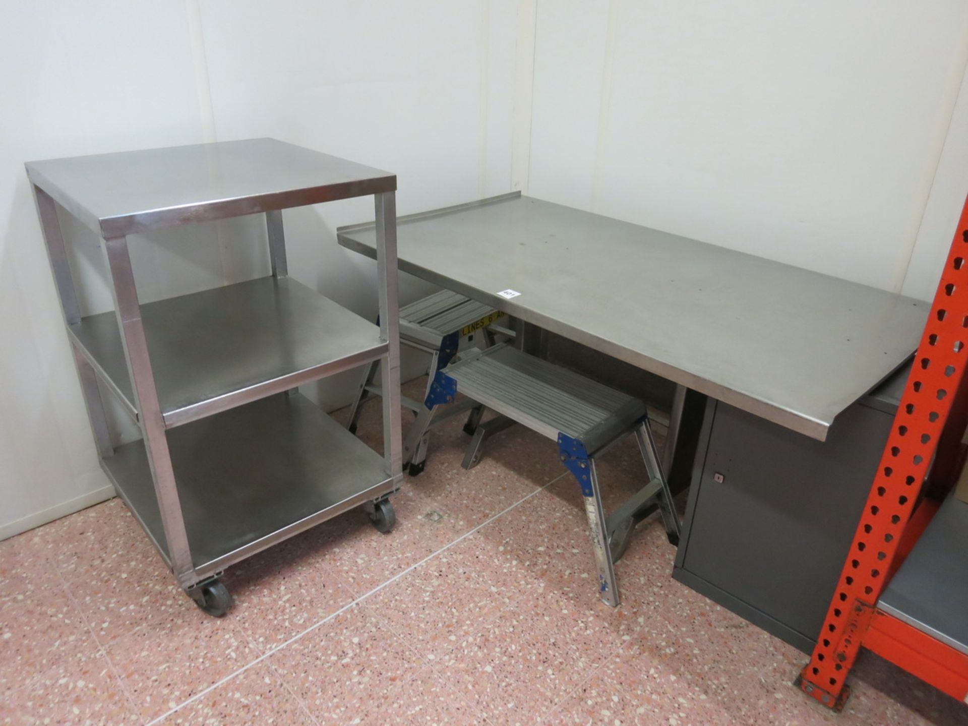 Stainless  furnishings, 1.7 m table, 900mm high, and folding steps LIFT OUT CHARGE £20