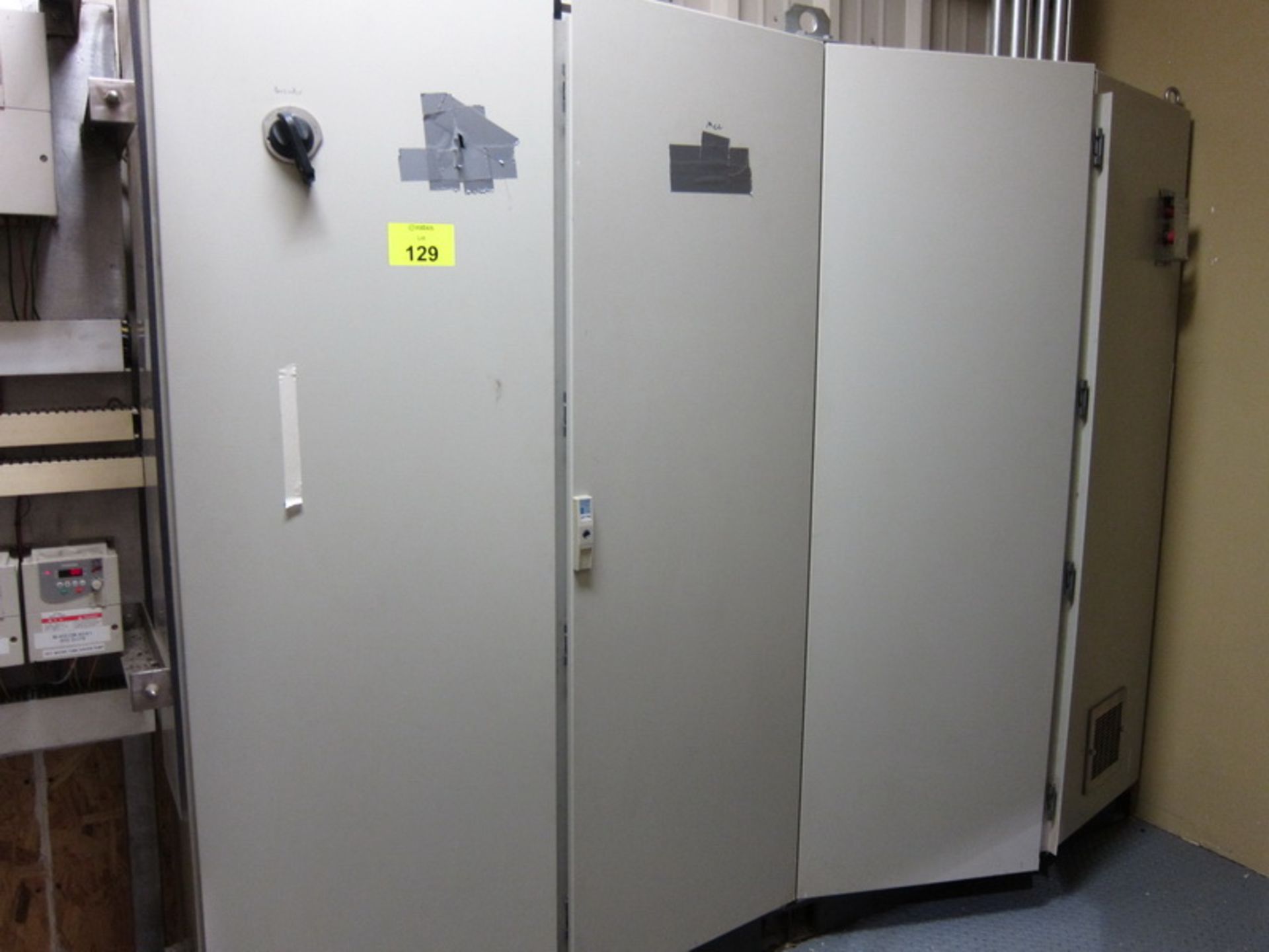 [Lot] Panel control cabinets, (2) steel cabinets upstairs, (1) SS cabinet downstairs, with contents