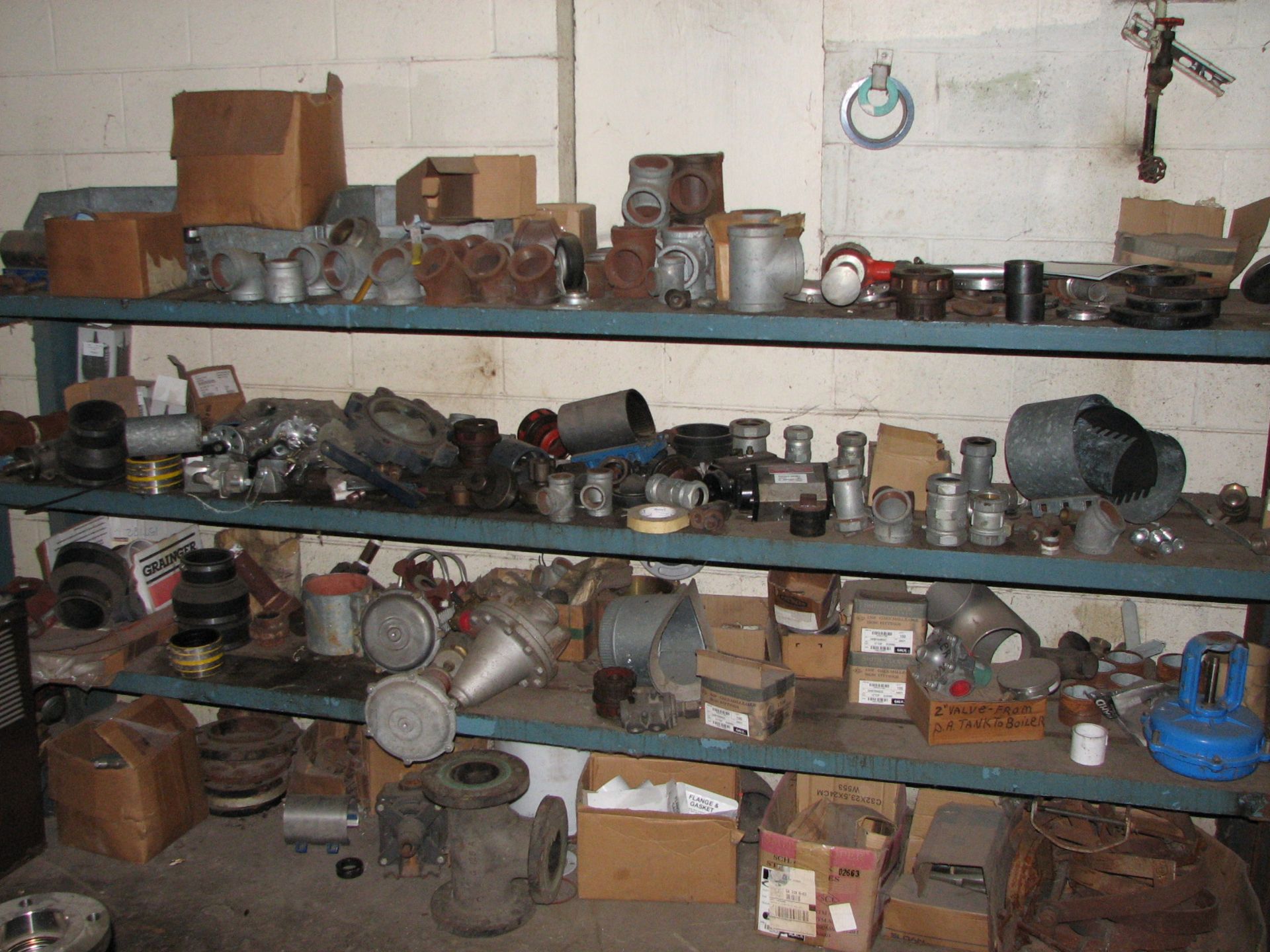 [Lot] Miscellaneous galvanized, PVC, fittings, elbows, couplers with (2) metal shelf units, (1) - Image 2 of 3