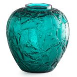 LALIQUE"Perruches" vase, clear and frosted teal glass, France, des. 1919 M p. 410 no. 876 Etched