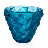 LALIQUE"Moissac" vase, frosted and clear teal blue glass, France, des. 1927 M p. 437, no. 992 Etched