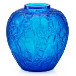 LALIQUE"Perruches" vase, clear and frosted electric blue glass, France, des. 1919 M p. 410 no. 876