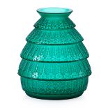 LALIQUE"Ferrires" vase, green glass with white patina, France, des. 1929 M p. 443 no. 1019 Etched