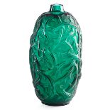 LALIQUE"Ronces" vase, green glass with yellow patina, France, des. 1921 M p. 427 no. 946 Molded R.