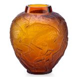 LALIQUE"Archers" vase, amber glass with white patina, France, des. 1921 M p. 415, no. 893 Molded