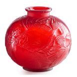 LALIQUE"Poissons" vase, clear and frosted red glass, France, des. 1921 M p. 422 no. 925 Molded R.