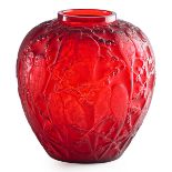 LALIQUE"Perruches" vase, clear and frosted red glass, France, des. 1919 M p. 410 no. 876 Etched R.