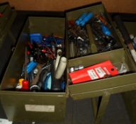 HAND TOOLS IN METAL TOOL BOX - PLYERS, SAW, SCREWDRIVER, ALLEN KEYS, WIRE CUTTERS, WIRE STRIPPERS