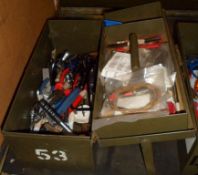 HAND TOOLS IN METAL TOOL BOX - PLYERS, SAW, SCREWDRIVER, ALLEN KEYS, WIRE CUTTERS, WIRE STRIPPERS