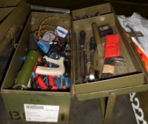 HAND TOOLS IN METAL TOOL BOX - PLYERS, SAW, SCREWDRIVER, ALLEN KEYS, WIRE CUTTERS, WIRE STRIPPERS