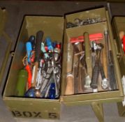 HAND TOOLS IN METAL TOOL BOX - PLYERS, SAW, SCREWDRIVER, ALLEN KEYS, WIRE CUTTERS, WIRE STRIPPERS