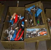 HAND TOOLS IN METAL TOOL BOX - PLYERS, SAW, SCREWDRIVER, ALLEN KEYS, WIRE CUTTERS, WIRE STRIPPERS