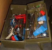 HAND TOOLS IN METAL TOOL BOX - PLYERS, SAW, SCREWDRIVER, ALLEN KEYS, WIRE CUTTERS, WIRE STRIPPERS