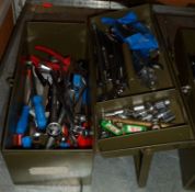 HAND TOOLS IN METAL TOOL BOX - PLYERS, SAW, SCREWDRIVER, ALLEN KEYS, WIRE CUTTERS, WIRE STRIPPERS