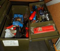 HAND TOOLS IN METAL TOOL BOX - PLYERS, SAW, SCREWDRIVER, ALLEN KEYS, WIRE CUTTERS, WIRE STRIPPERS