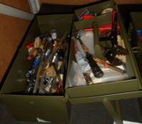 HAND TOOLS IN METAL TOOL BOX - PLYERS, SAW, SCREWDRIVER, ALLEN KEYS, WIRE CUTTERS, WIRE STRIPPERS