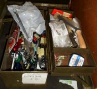 HAND TOOLS IN METAL TOOL BOX - PLYERS, SAW, SCREWDRIVER, ALLEN KEYS, WIRE CUTTERS, WIRE STRIPPERS