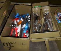 HAND TOOLS IN METAL TOOL BOX - PLYERS, SAW, SCREWDRIVER, ALLEN KEYS, WIRE CUTTERS, WIRE STRIPPERS