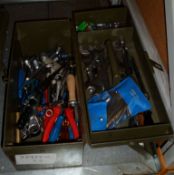 HAND TOOLS IN METAL TOOL BOX - PLYERS, SAW, SCREWDRIVER, ALLEN KEYS, WIRE CUTTERS, WIRE STRIPPERS