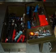 HAND TOOLS IN METAL TOOL BOX - PLYERS, SAW, SCREWDRIVER, ALLEN KEYS, WIRE CUTTERS, WIRE STRIPPERS