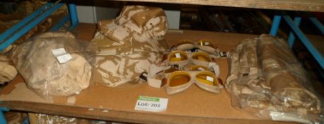 Desert camo military clothing - hats, goggles, scarf, backpack