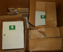 Wall mounted first aid boxes, first aid posters, first aid signs
