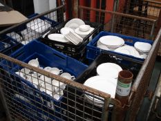 MIXED WHITE KITCHEN CROCKERY - PLATES, SOUP BOWLS - PLASTIC BOXES INCLUDED -  STORAGE STILLAGE NOT