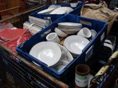 WRAPMASTER 4500, RED APRONS X 6, MIXED WHITE CROCKERY -  PLASTIC BOXES INCLUDED -  STORAGE