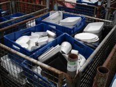 MIXED WHITE KITCHEN CROCKERY - PLASTIC BOXES INCLUDED -  STORAGE STILLAGE NOT INCLUDED