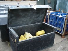BLACK METAL STORAGE BOX ON WHEELS CONTAINING YELLOW WEIGHTS - 120CM X 64 X 63