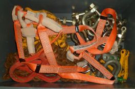 Lifting equipment in wooden crate - D-shackles, chain, strops