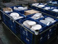 MIXED WHITE CROCKERY - BLUE STORAGE BOXES INCLUDED - METAL STILLAGE NOT INCLUDED