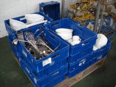 MIXED WHITE CROCKERY AND KITCHEN UTENSILS - BLUE STORAGE BOXES INCLUDED