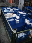 MIXED WHITE CROCKERY - BLUE STORAGE BOXES INCLUDED - METAL STILLAGE NOT INCLUDED