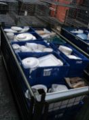 MIXED WHITE CROCKERY - BLUE STORAGE BOXES INCLUDED - METAL STILLAGE NOT INCLUDED