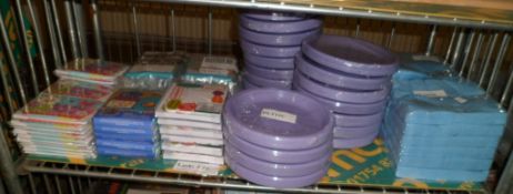 Paper napkins, Purple plastic plates, Invitations