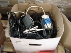 Box of assorted cables and chargers.