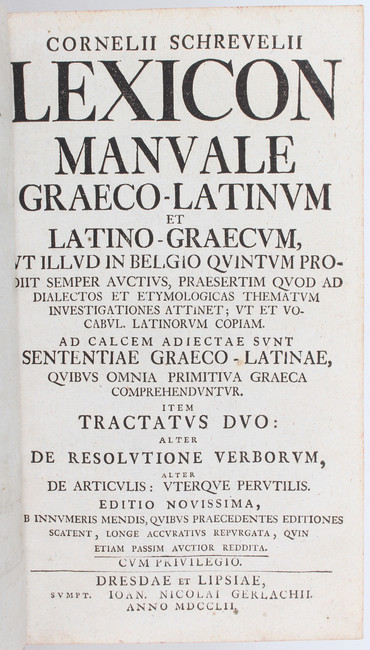 Schrevelius, Lexicon manuale
Lexika. - Schrevelius (Schrevel), C. Lexicon manuale Graeco-Latinum, et - Image 2 of 4