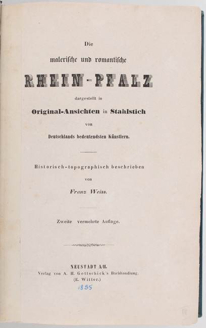 Weiss, Malerische Rhein-Pfalz
Weiss, F. Die malerische und romantische Rhein-Pfalz. 2. verm. Aufl. - Image 5 of 5
