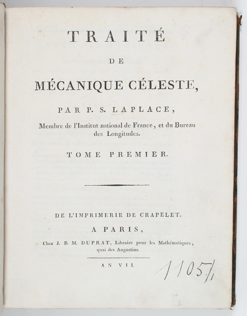 Laplace, Mécanique céleste. 4 Bde.
Laplace, P. S. de. Traité de mécanique céleste. Bd. 1-4 (von 5)