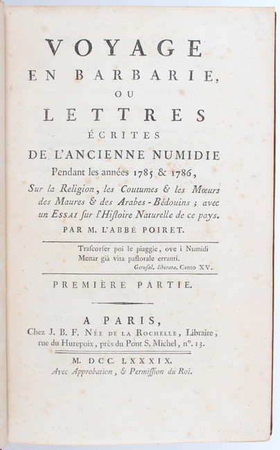 Poiret, Voyage en Barbarie. 2 Bde.
Poiret, (J. L. M.). Voyage en Barbarie ou Lettres écrites de l' - Image 2 of 2