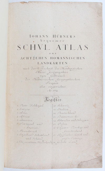 Hübner, Bequemer Schul Atlas
Hübner, J. Bequemer Schul Atlas aus achtzehen Homannischen Landkarten - Image 2 of 5