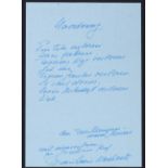 Kaschnitz, Eigenh. Gedicht "Unordnung"
Kaschnitz, Marie Luise (Dichterin; 1901-1974). "Unordnung".