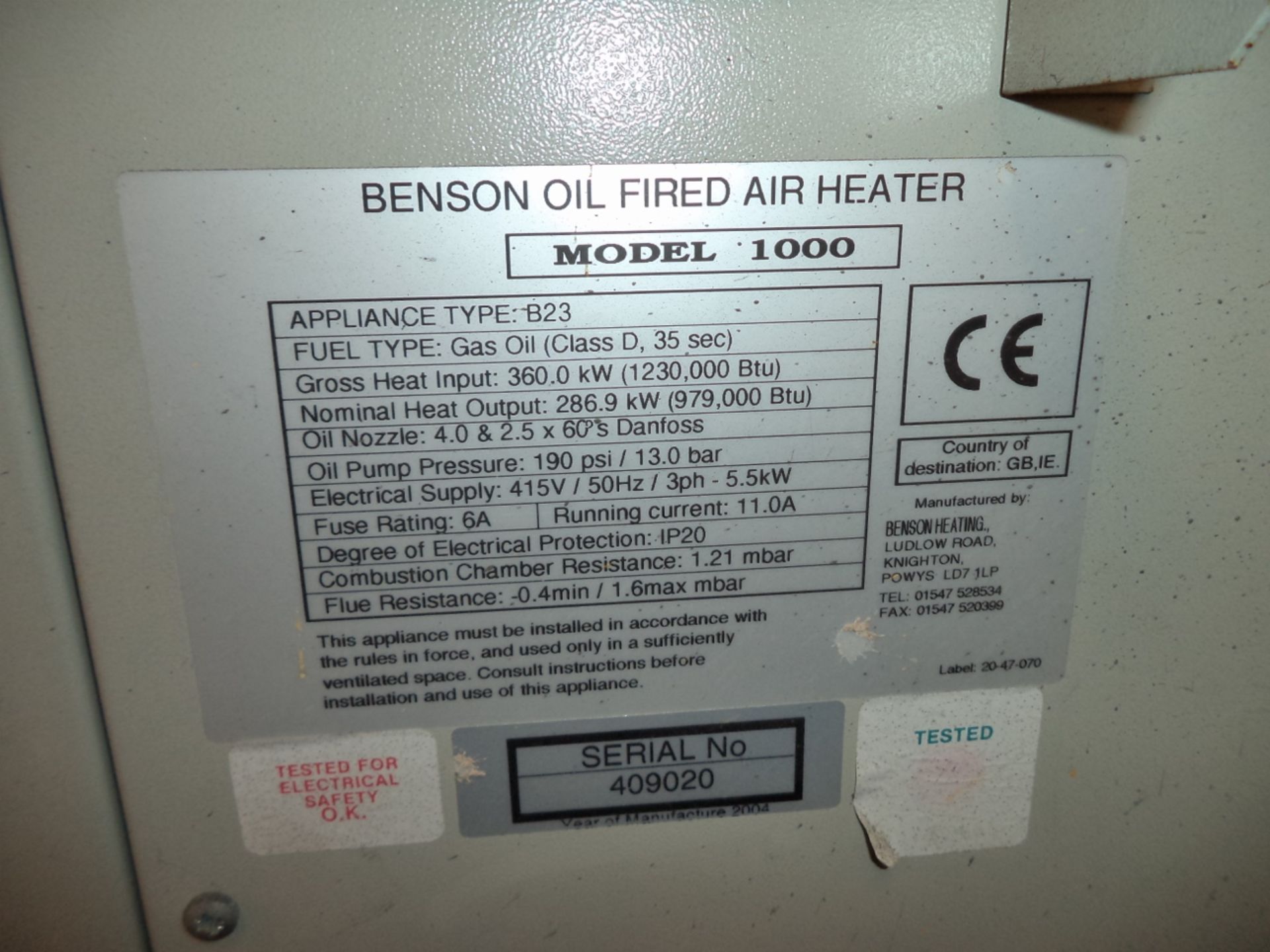 Benson oil-fired air heater model 1000, appliance type B23, fuel type gas oil (Class D, 35 sec), - Image 4 of 5