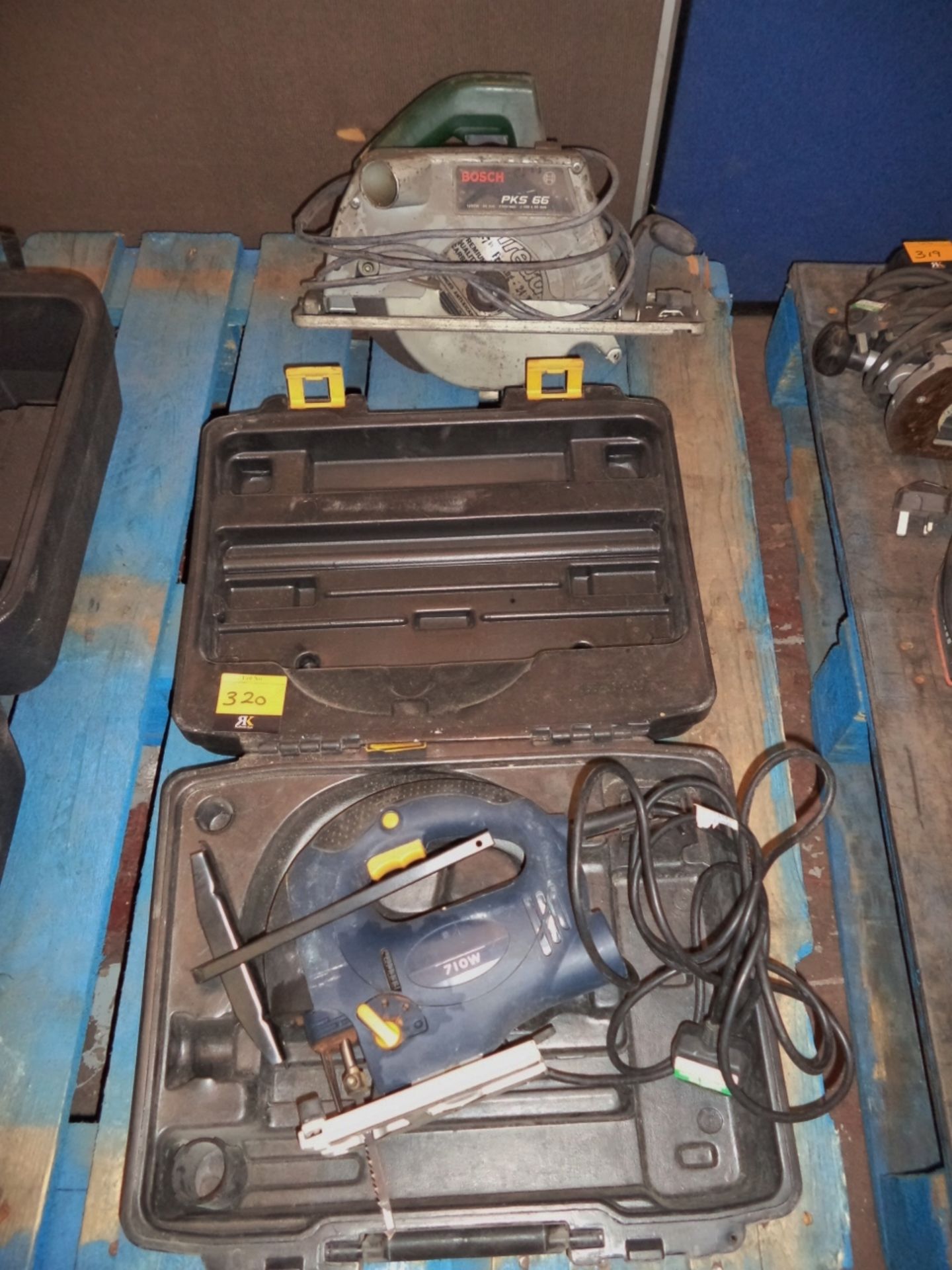 Pair of power tools: electric jig saw in case plus Bosch model PKS66 electric circular saw