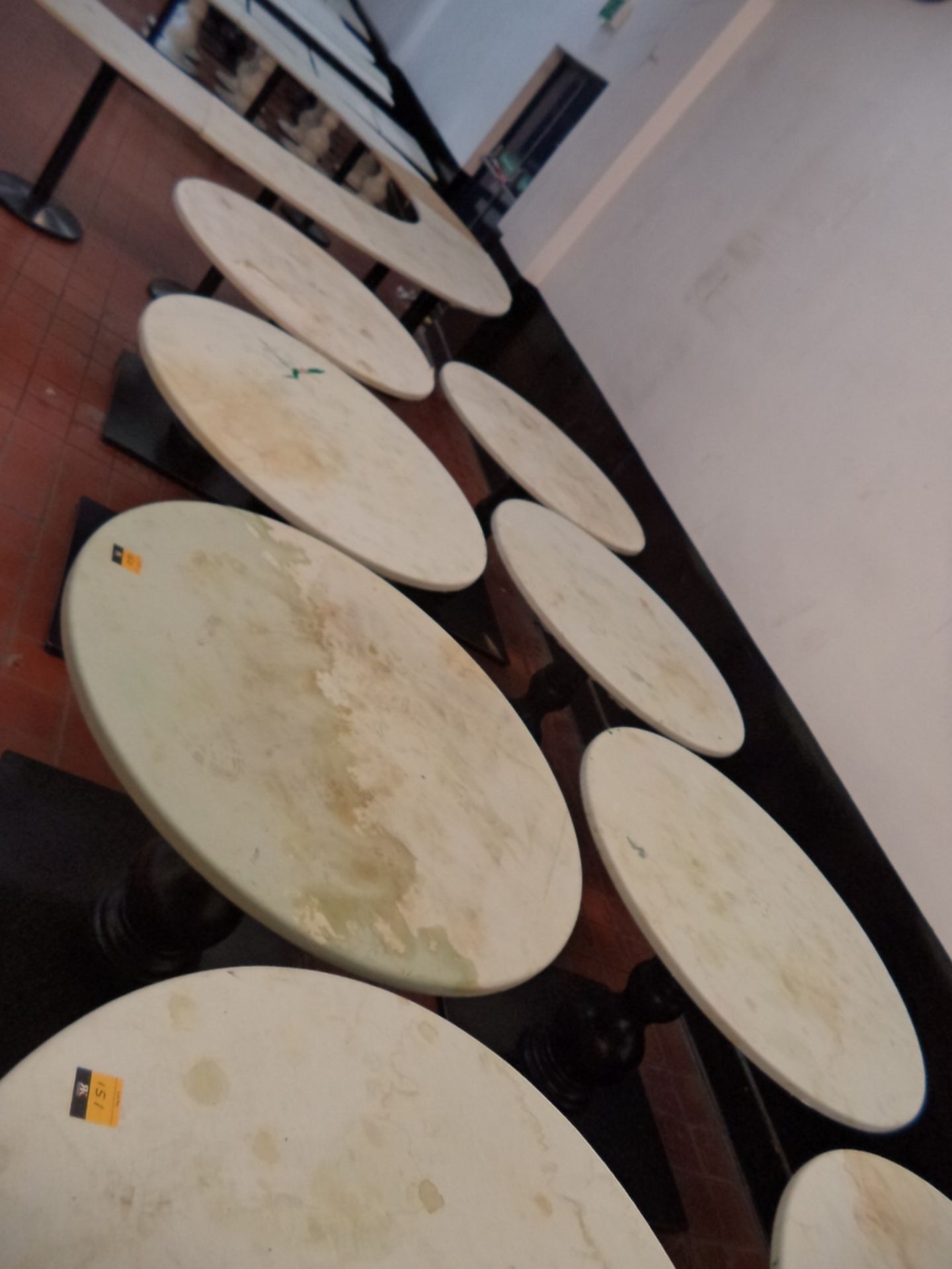 6 off 105cm diameter round dining tables.  The height of these tables is very approximately - Image 2 of 3
